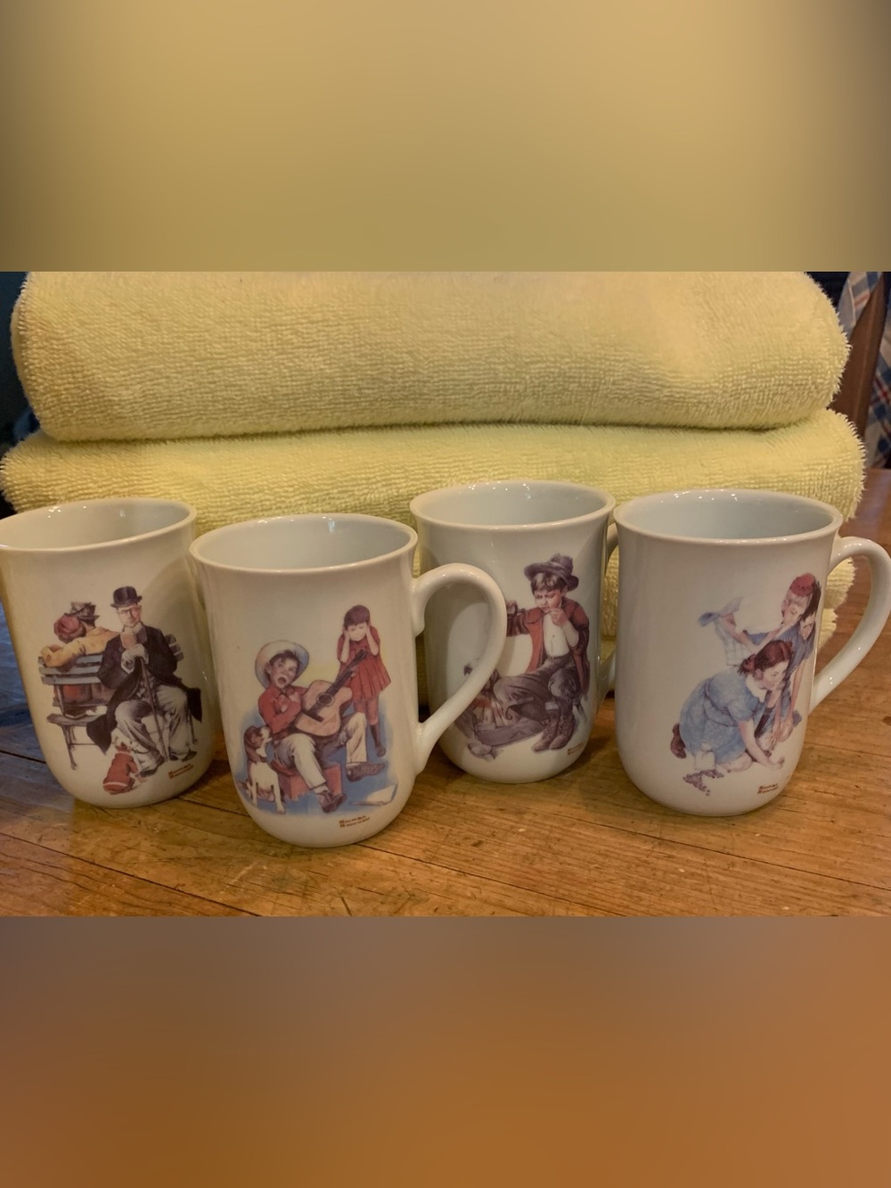 Norman Rockwell White Ceramic Mugs with Colorful Vintage Children Scenes